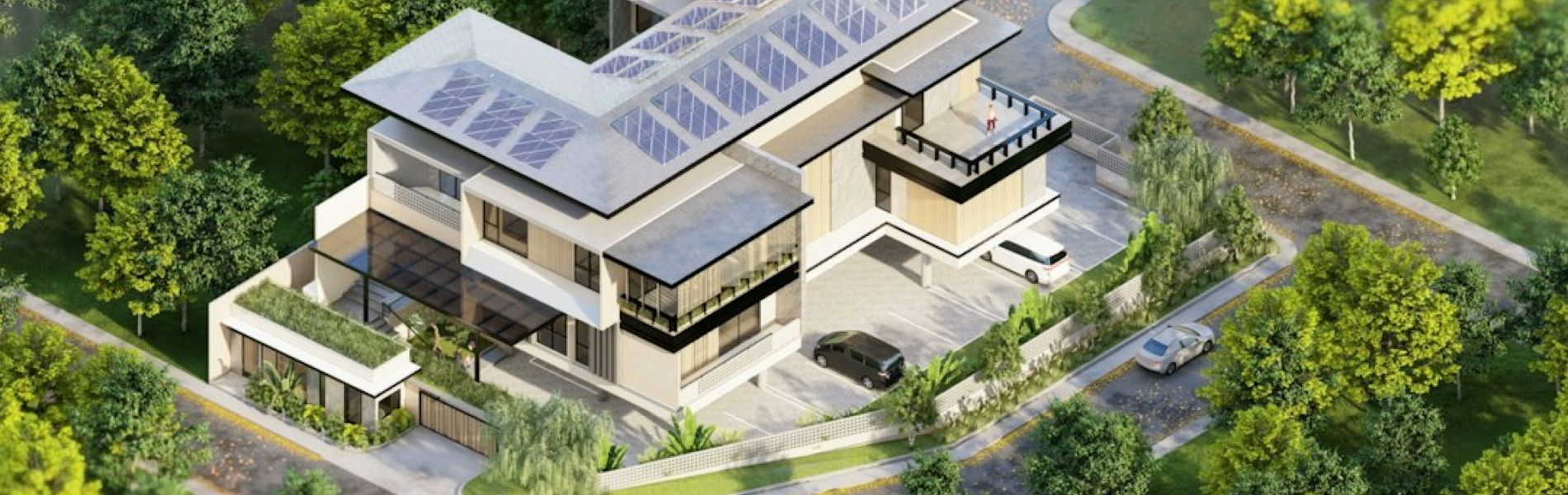 Proyecto arquitectónico de vivienda con placas solares en cubierta, rodeado de árboles y vegetación en entorno residencial